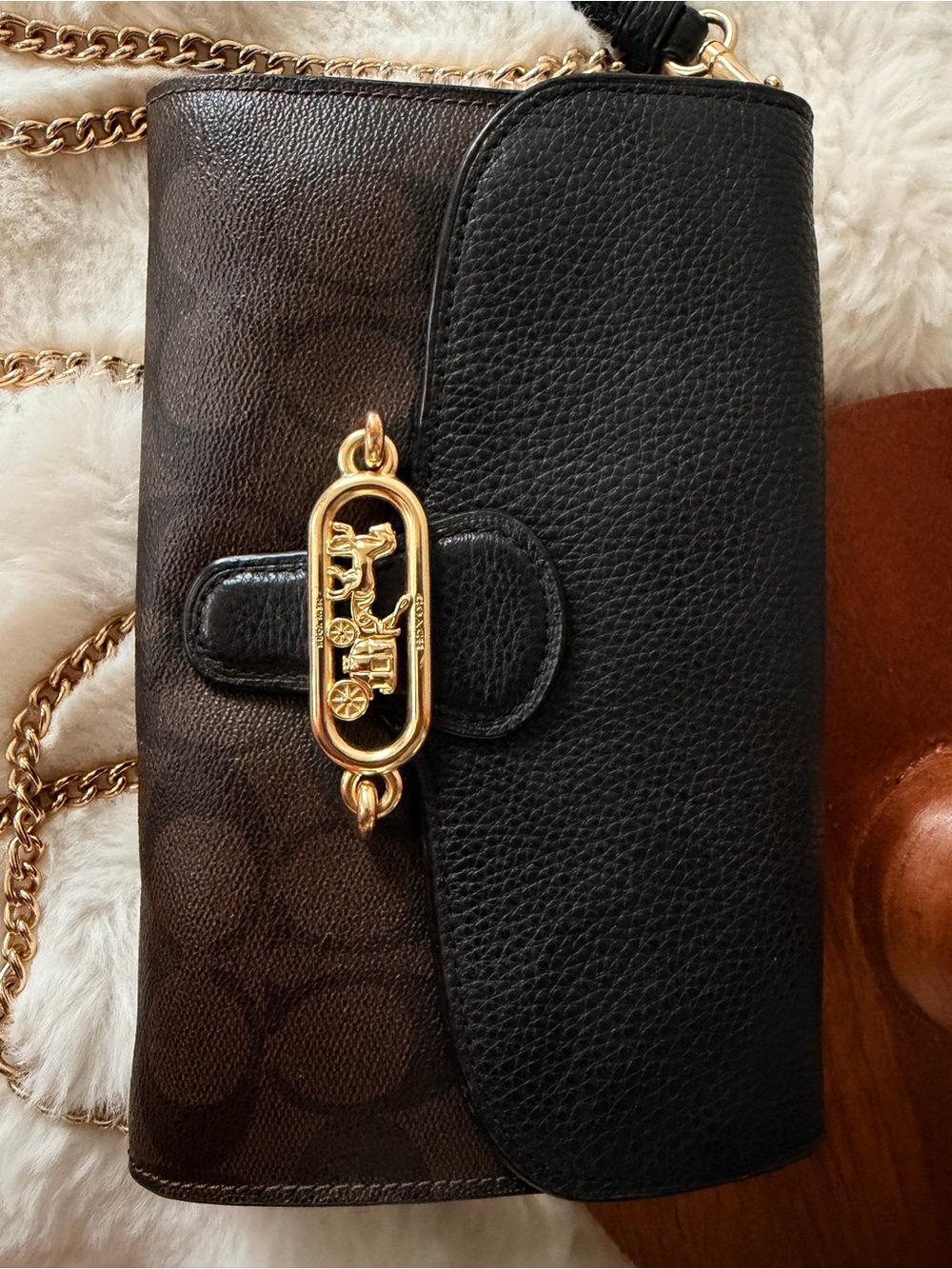 Coach Black Leather & Brown Signature Chain Crossbody - Picture 2 of 3